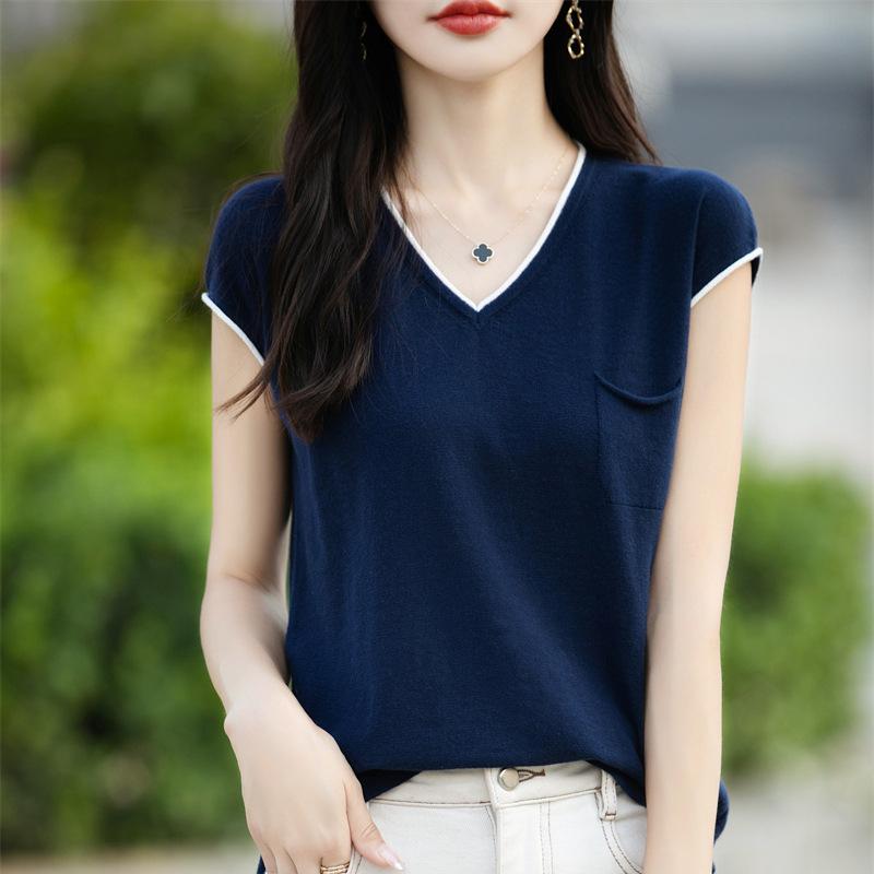 

Новый летний хлопковый свитер с V-образным вырезом и короткими рукавами, футболка для женщин, контрастный цвет, карман, свободный, универсальный топ для ношения на улице, базовая рубашка M
