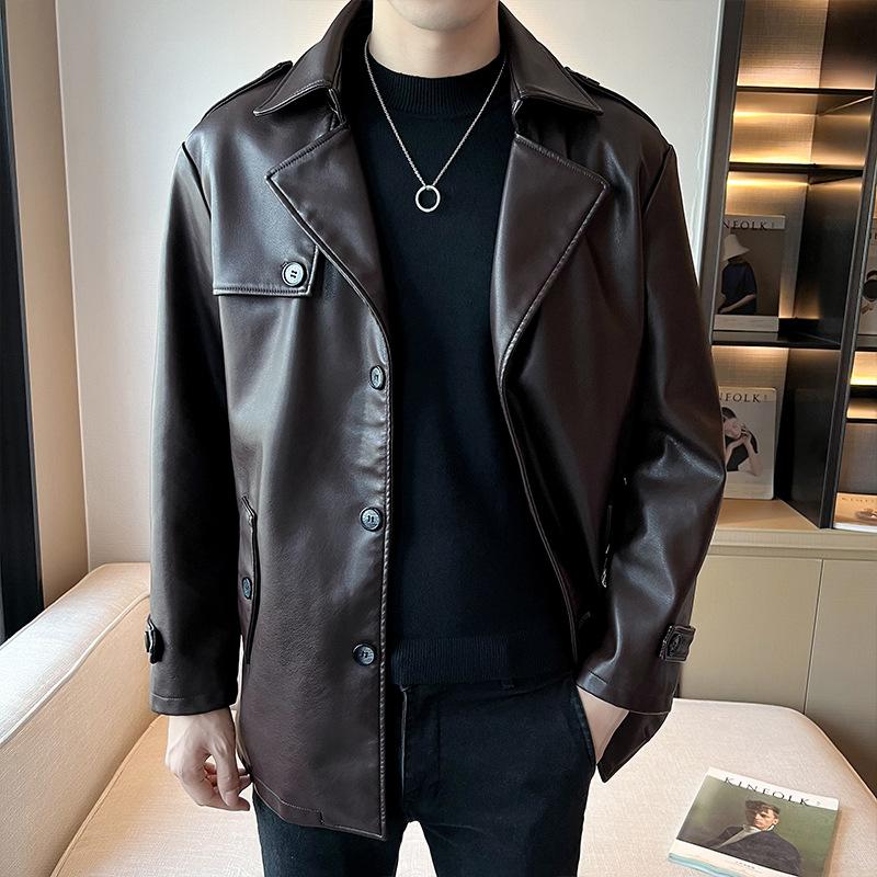 Mid-length Leather Jacket for Men In Autumn and Winter, Korean Style Suit Collar, Large Size Leather Jacket, Casual Pu Leather Jacket