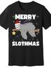 Mens Funny Christmas TShirt  Lazy Sloth In Santa Hat  Pizza Graphic  Soft Cotton Holiday Tee  Machine Washable Black Shirt