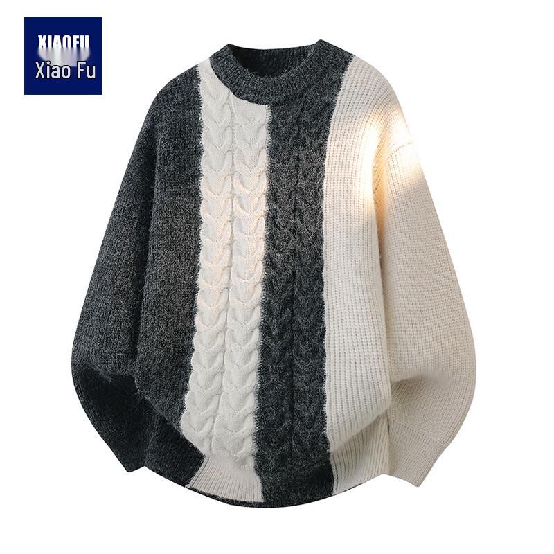 Men s Winter Trendy Color-block Loose Round Neck Pullover Sweater 4XL