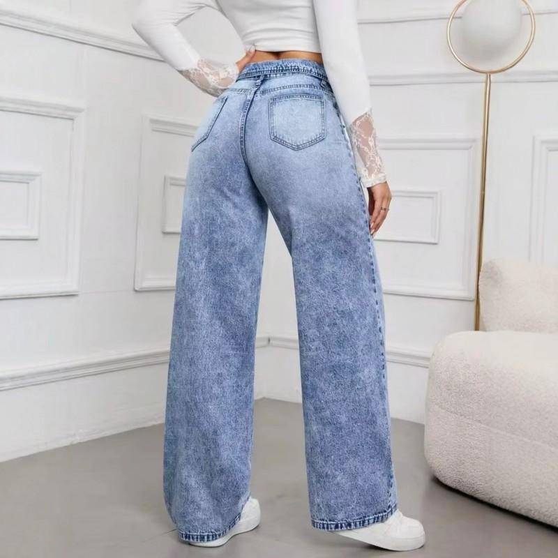 High Waist Wide Leg Jeans Women Light Blue Washed Denim Pants Loose Straight Trousers