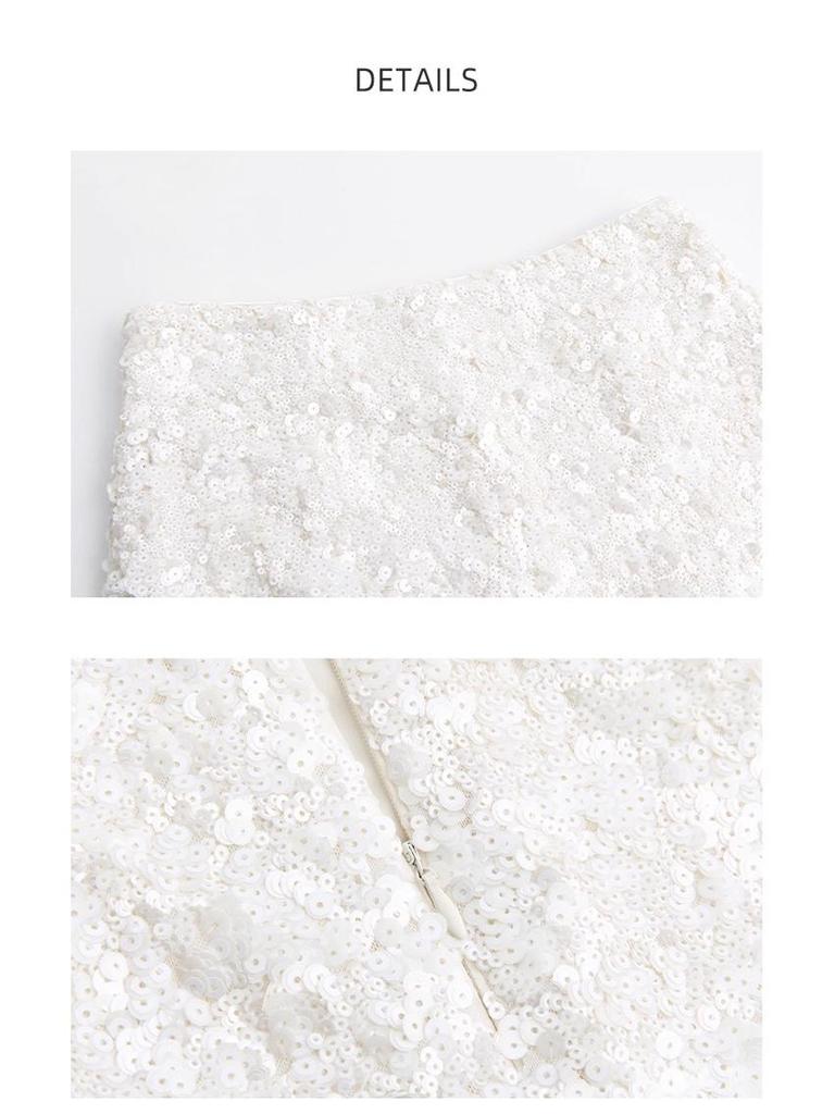 Autumn 2025 Elegant High-Waisted Porcelain White Sequin Midi Skirt for Women