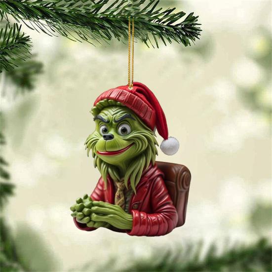 Green Elf Christmas Tree Ornament 2D Flat Acrylic Car Rear Mirror Charm Cartoon Elf Christmas Tree Hanging Pendant for Holiday Tree Window Wall Decor