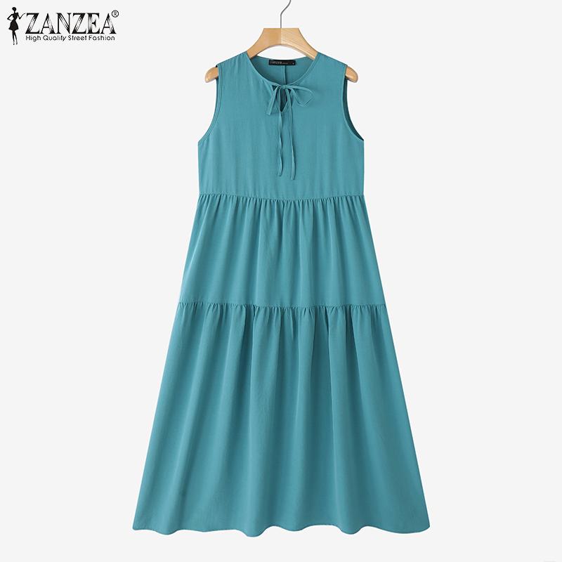 ZANZEA Women Lace Up Round Neck Summer Casual Sleeveless Dress