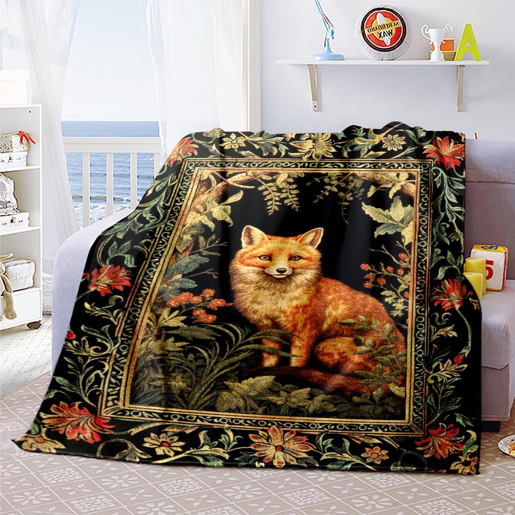 1pc Medieval style art fox blanket, al season lightweigh Poster blanket home office outdoor nap multifunc Poster blanketional blanket