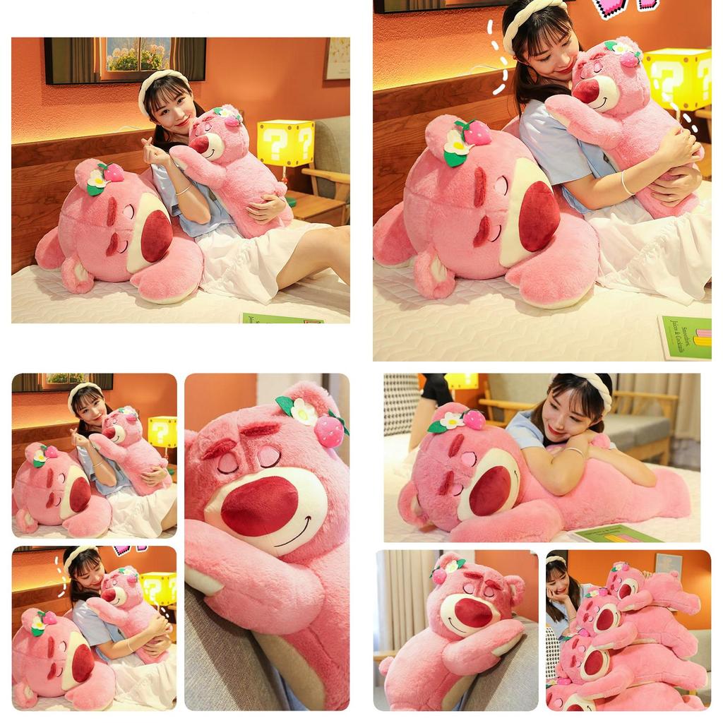 Cute Short Plush Strawberry Bear Stuffed Toy Pillow For Kids 35cm Pink