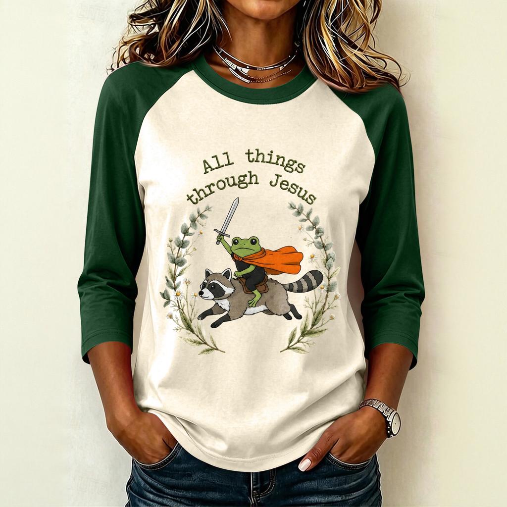 Women's Casual Letter Print Raglan Sleeve Three-Quarter Sleeve Round Neck T-Shirt
