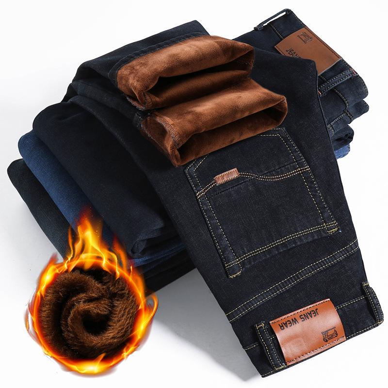 Men's Straight-Leg Stretch Denim Trousers with Fleece Lining for Autumn/Winter Thickened for Winter Warmth Middle-Aged Casual Black Men's Trousers