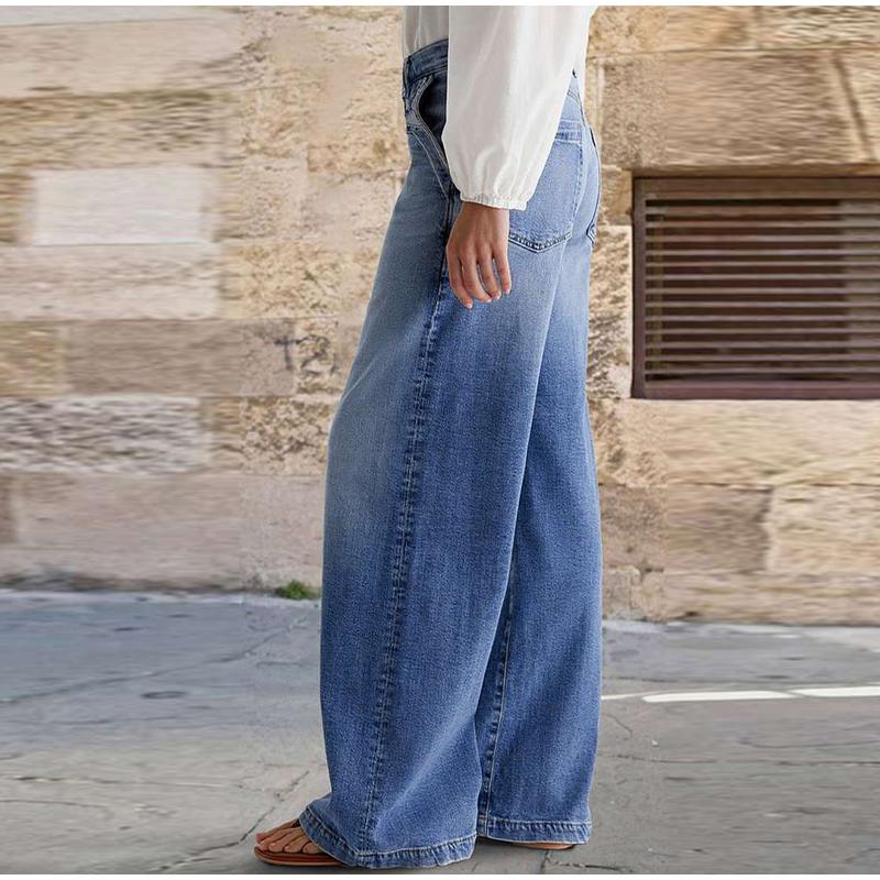 Spring New Women Vintage Street Straight Leg Jeans Loose Button Pocket Washed Denim Wide Leg Pants High Waist Casual Jeans 2026