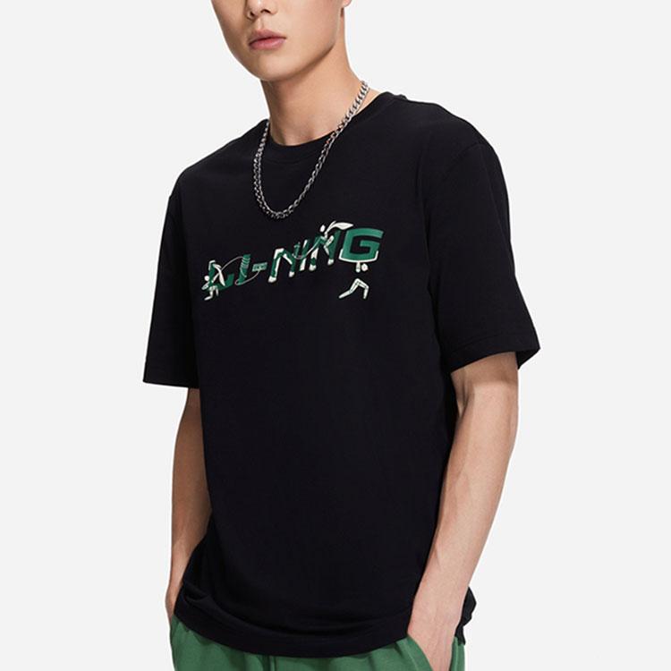 Li Ning Sports Fashion Series Letter Logo Round Neck Pullover Short Sleeve T-Shirt Unisex T-Shirt Black AHSSC35-1