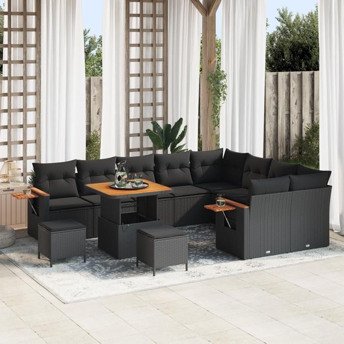 Ensemble de canapé de jardin 12 pièces vidaXL avec coussins Noir Poly Rattan Acacia, Ensemble de salle à manger de jardin 3 3365159