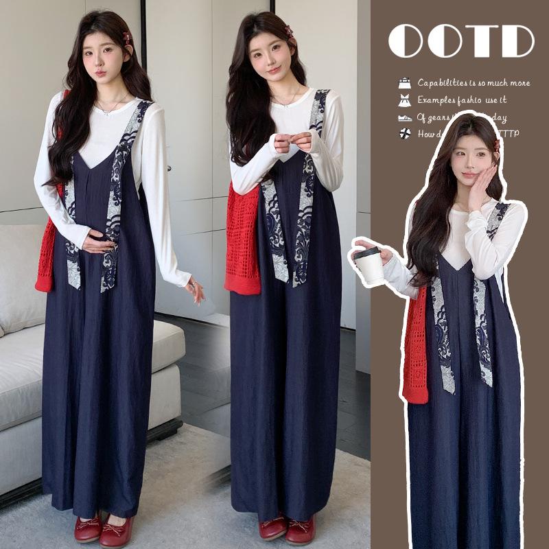 2026 Maternity Floral Wide-Leg Overalls & Top Set - Spring/Summer Collection M
