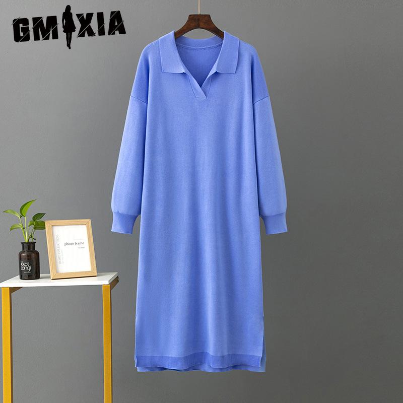 GMXIA Women's Autumn Winter Knitted Loose Large Solid Color Polo Collar Dresses with Lining