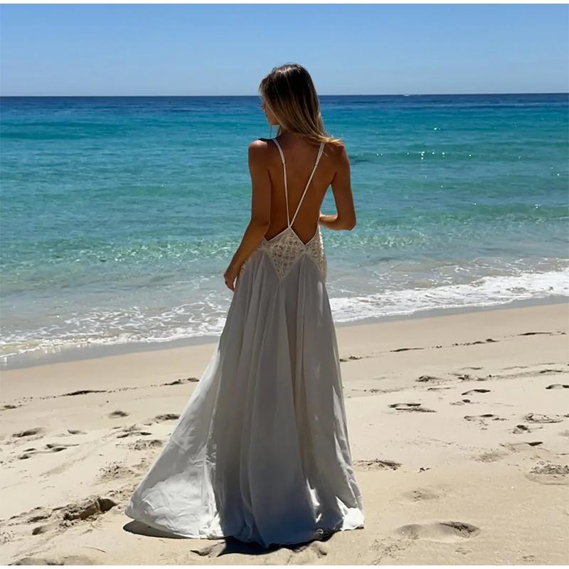 Women Elegant White Deep V Neck Sleeveless Maxi Dress Hollow Out Splicing Slim A-line Long Dresses 2026 Summer Beach Holiday Dress