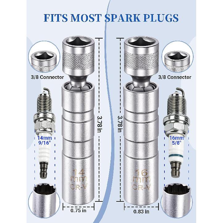 Magnetic Swivel Spark Plug Socket Set, 14mm 16mm 3/8 Inch Drive | 14Mm and 16Mm Magnetic Swivel Spark Plug Sockets with Thin-Wall 3/8 Inch Drive