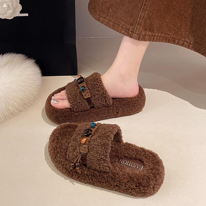 2025 nowe damskie buty buty z wełny jagnięcej kręcone włosy nosić kok klapki jednopasek buty na platformie aksamit bawełna mop