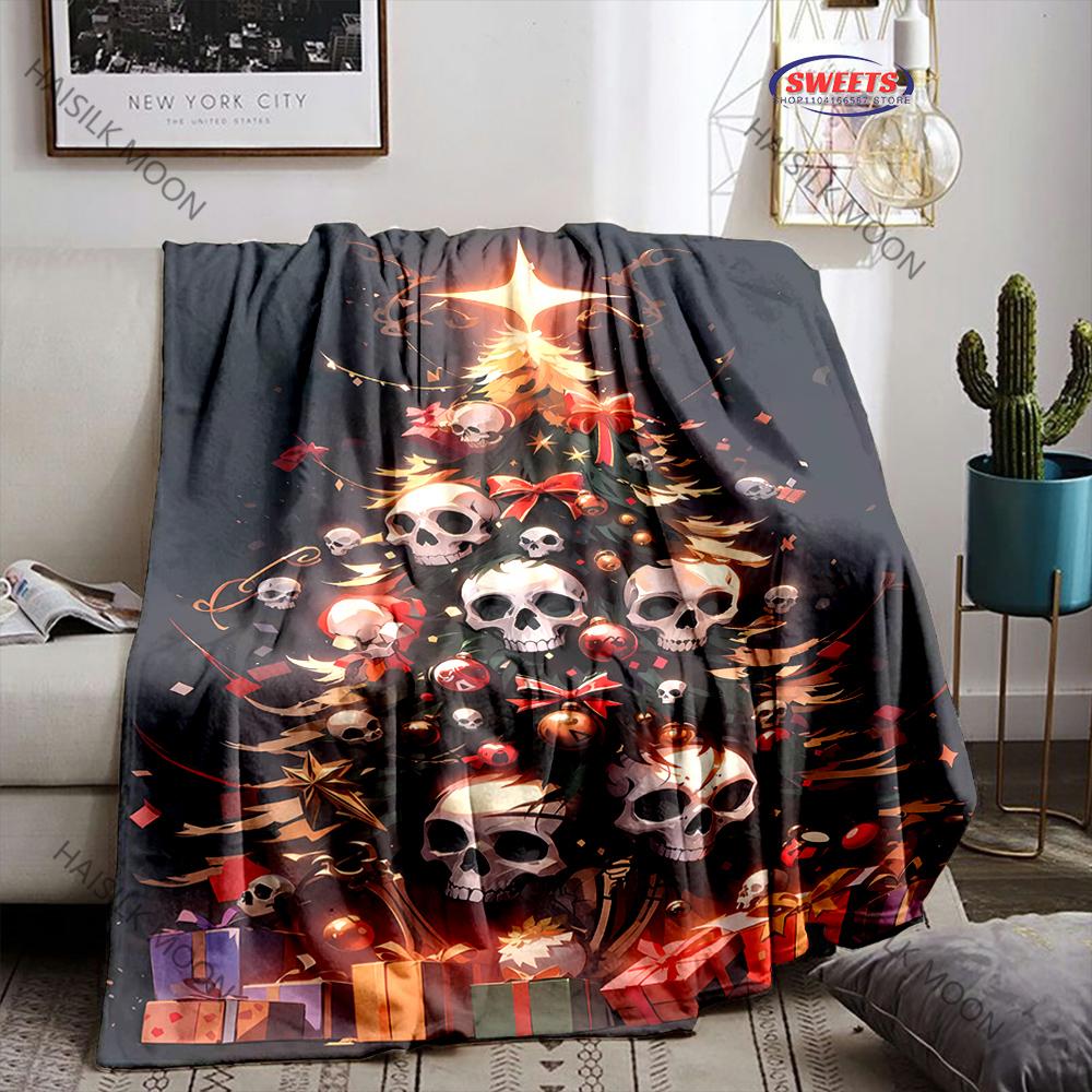 Spooky Skull Christmas Print Blanket Warm Soft and Comfortable Home Travel Blanket Sofa Bedding Cover Blankets Gift for Friends