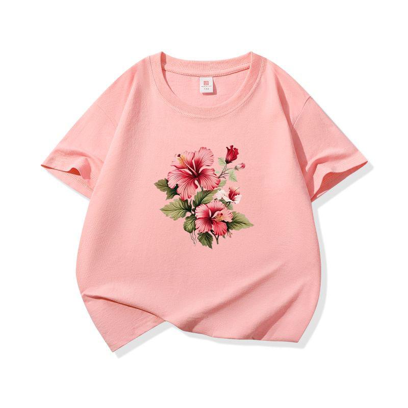 Kids Cotton T Shirt Pink Hibiscus Flower Print Crew Neck Short Sleeve Tee Casual Breathable Boys Girls Summer Tops