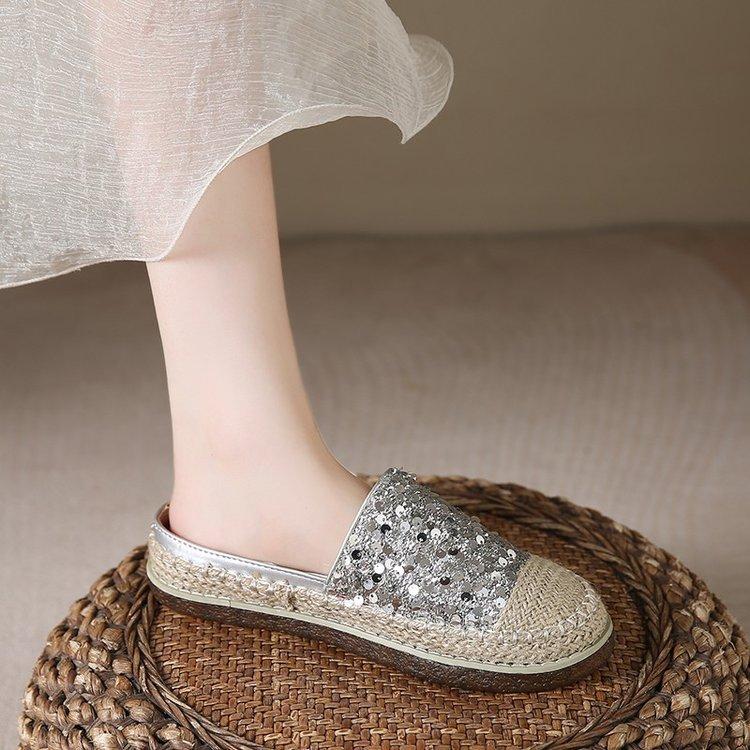 Sequin Woven Half Slippers Women's Summer Wear 2025 Comfortable Straw Fisherman Shoes Platform Lazy One Pedal Muller Shoes