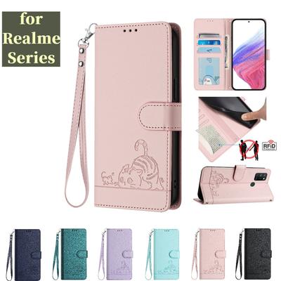 6barevné pouzdro na telefon z umělé kůže s motivem kočky a myši pro Realme 8 9 10 11 12 13 14, GT3 GT5 GT6... Narzo 20 50... C11 C12 C15 C17...