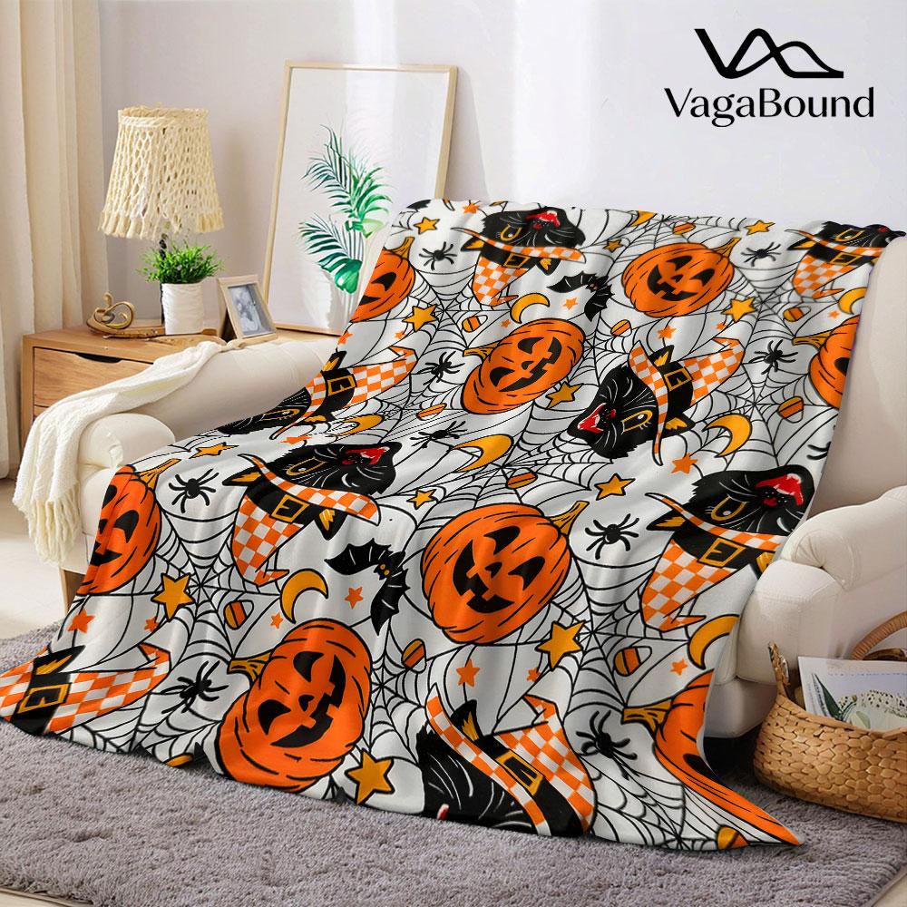 Retro Halloween Cat Pumpkin Flannel Blanket Warm Soft Halloween Christmas Decorative Couch Warm Cozy All-Season Gift