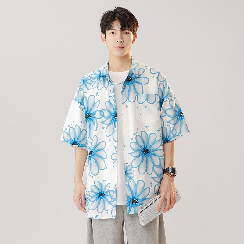 Short sleeved shirt for men in summer, ice silk ins port style, rugged and handsome, half sleeved wide pine flower shirt jacket