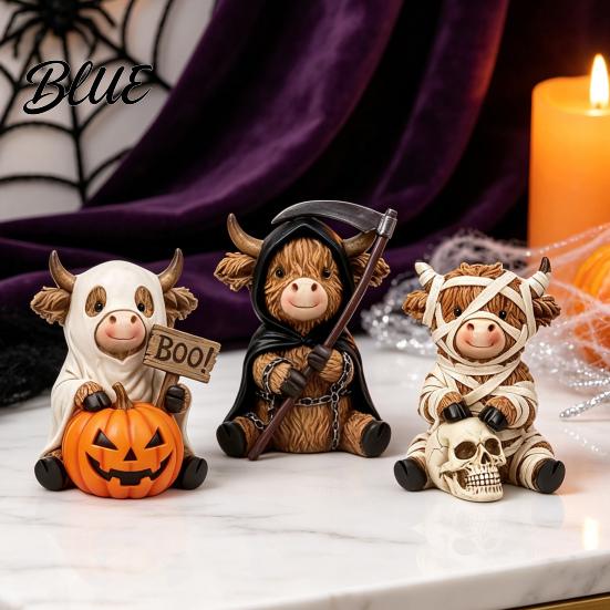 Gothic Style Gift for Lovers 3Pcs Halloween Highland Cow Figurines, Resin Cattle Statues of Grim Reaper, Modern Farmhouse Table Decor Mummy