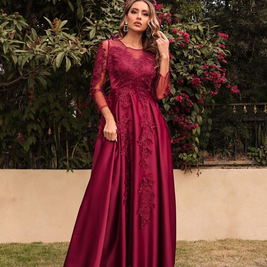 Robe longue élégante à col rond en dentelle plissée à manches longues pour femmes, pour mariée, demoiselles d'honneur, mariage, magnifique robe de soirée, maxi, robes de bal