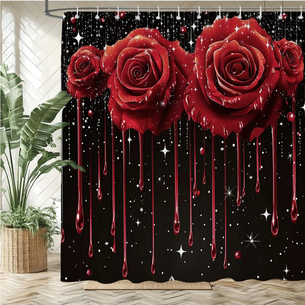 Shiny Rose Flower Style Printed Fabric Shower Curtain Bathroom Curtain,Valentine'S Day Home Decoration Curtain With Hooks