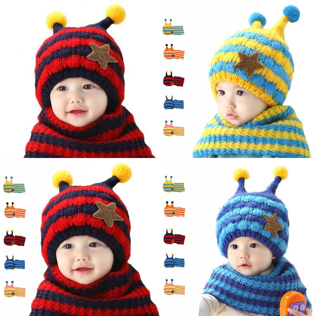 Winter Kids Hat With Plush Ear Protection Big Five-pointed Star Hat Scarf Set Striped Woolen Material Blue Yellow Orange Red Pink