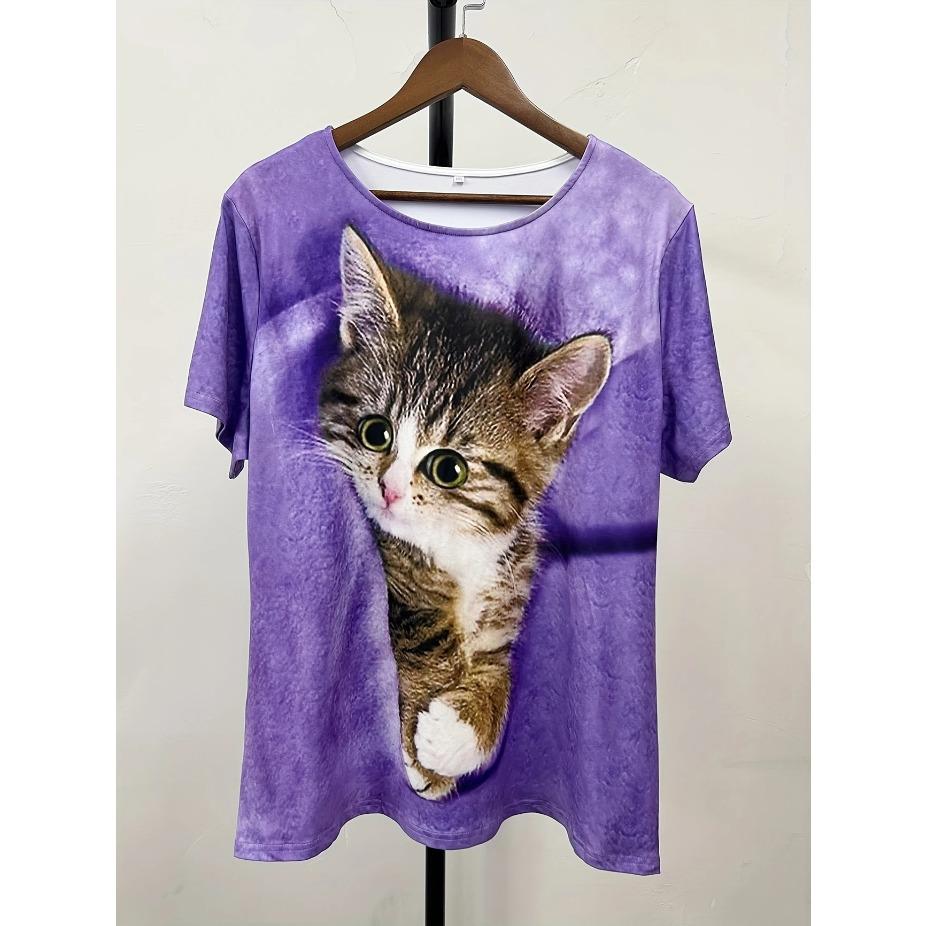 3D Katzenprint Freizeit-T-Shirt Damen Lässiges Kurzarm-Rundhals-T-Shirt mit 3D-Katzenprint, Modisches Oberteil für den täglichen Gebrauch