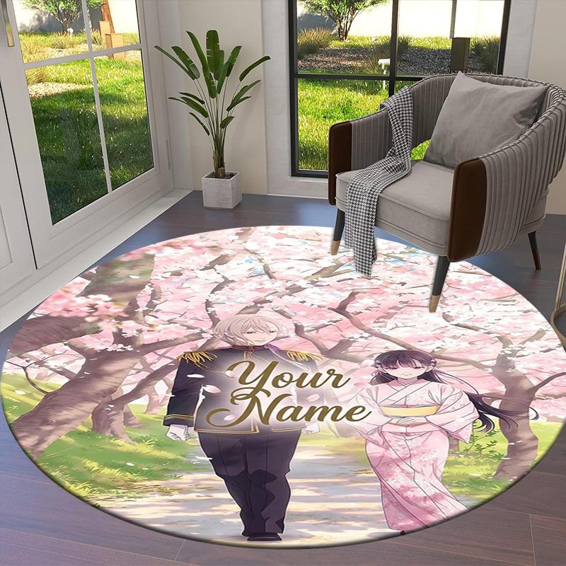 Cherry Blossom Journey Custom Name Round Area Rug Carpet Rug For Living Room Bedroom Sofa Playroom Decor Nonslip Floor Mat