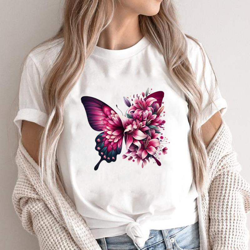 (Asian Size) Lovely Butterfly 90s Print Fashion Female Short Sleeve T-shirts Women's Top T Clothing Casual O-neck Graphic Tee