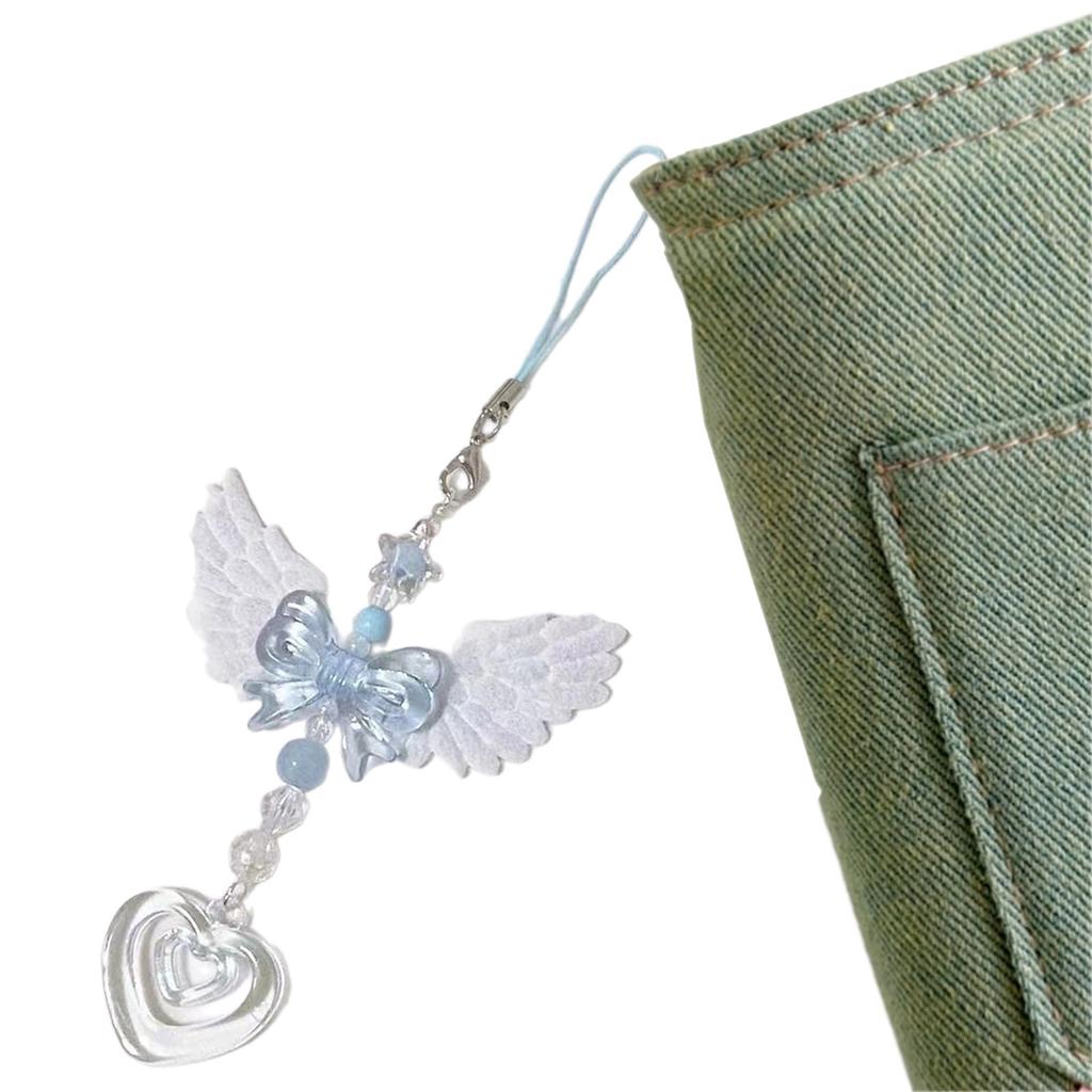 Fashionable Handmade Blue Angel Wing Heart Phone Charm Delicate Heart Pendant Chain Anti-Lost Chain Hangings Jewelry