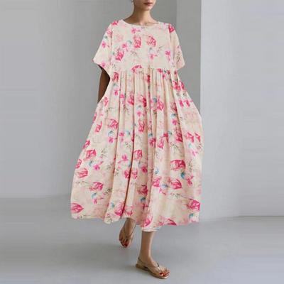 Cotton Linen Vacation Pattern Maxi Dresses Summer Holiday Travel Vintage Round Neck Short Sleeve Dress Women