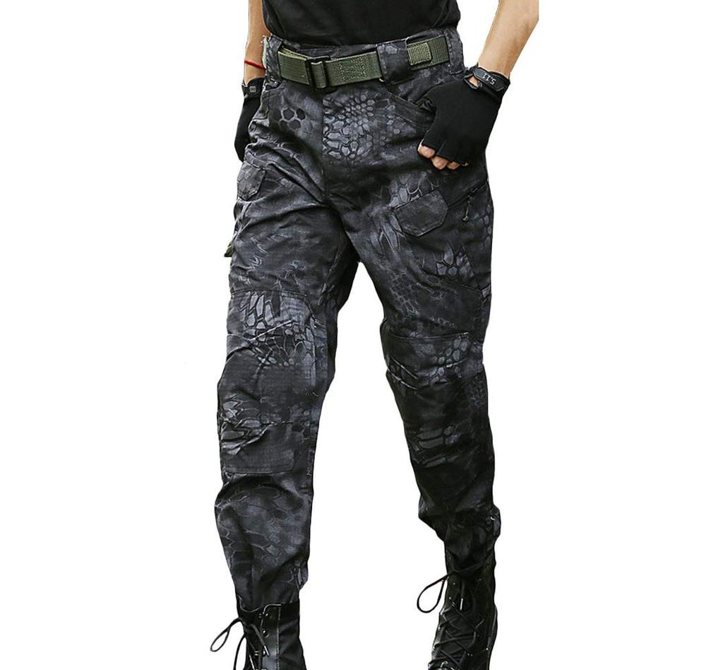 GUN FREAK Tactical Pants, Honeycomb Camouflage Combat Pants for Military and Airsoft (Typhon Black (Button), Size 34)