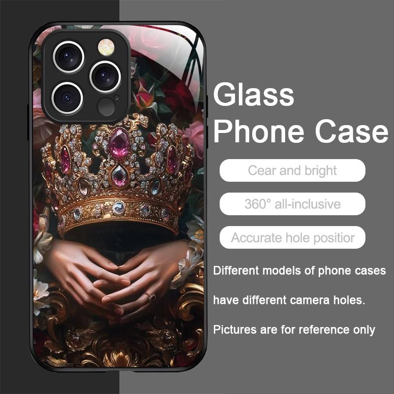 Luxus Kronen Schmuck Blumenmuster Gehärtetes Glas Handyhülle für IPhone 17 16 Pro Max 15 14 13 12 Mini 11 X XS 7 8 14Plus Hülle