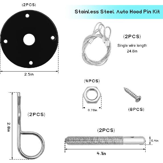 2 PCS Stainless Steel Car Hood P Kit, Quick Release Hood Cover Pin Lock Appearance Kit With Racing Lanyard, Universal Engine Bumper Bonnet Pin For