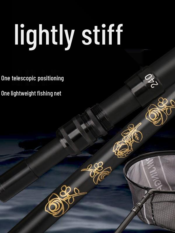 Telescopic Carbon Fiber Landing Net Pole with Lightweight Aluminum Alloy Positioning for Wild and Pit Fishing (Black/Gold).