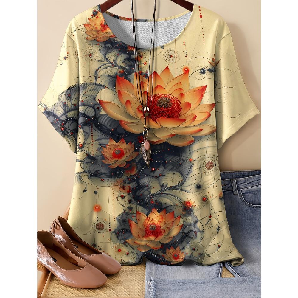 Flower Summer New Print Short Sleeved Round Neck T-shirt Women Comfortable Fashionable Casual T-shirt