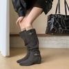 Autumn and winter leather fashion boots solid color versatile square head medium heel large size women's boots new cow fleece slope heel high boots