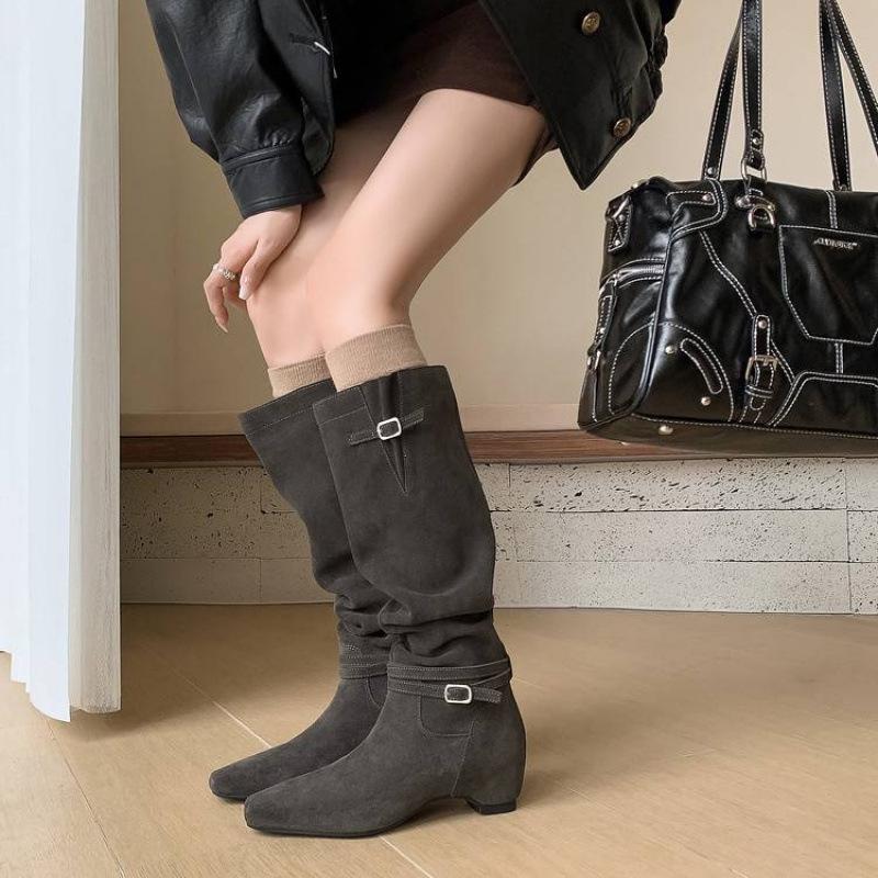 Autumn and winter leather fashion boots solid color versatile square head medium heel large size women's boots new cow fleece slope heel high boots