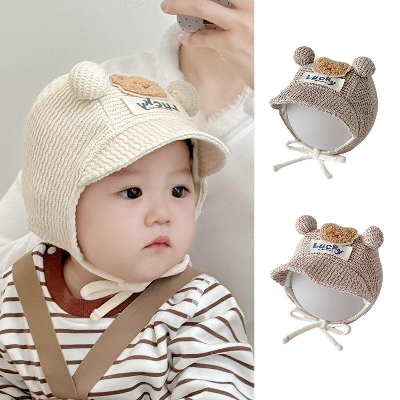 Roztomilá kreslená čepice pro miminko s medvídkem se šněrováním Novorozenecká čepice pro chlapce a dívky Zimní teplá kojenecká čepice pro batole s ochranou uší