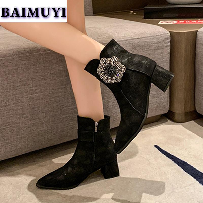 Crystal Flower Women Shoes Pointed Toe High Heels Ankle Boots 2025 Trend Sexy Luxury Prom Zipper Pumps New Chelsea Botas Mujer