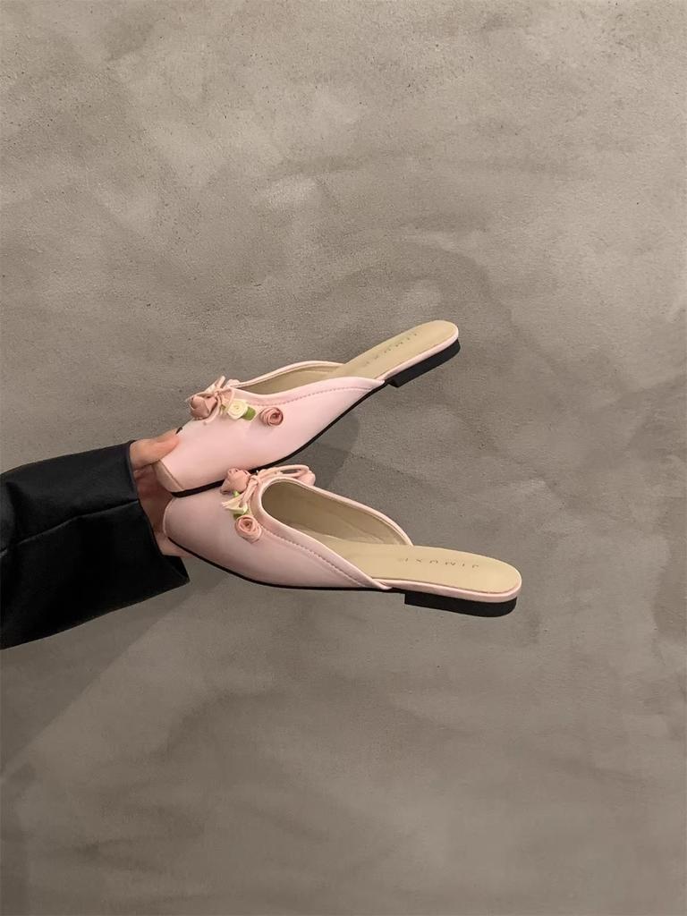 2024 New Women Baotou Half Slippers Ladies Square Toe Thick Heel Muller Sandals for Outer Wear Flat Bottom Zapatos Mujer Summer