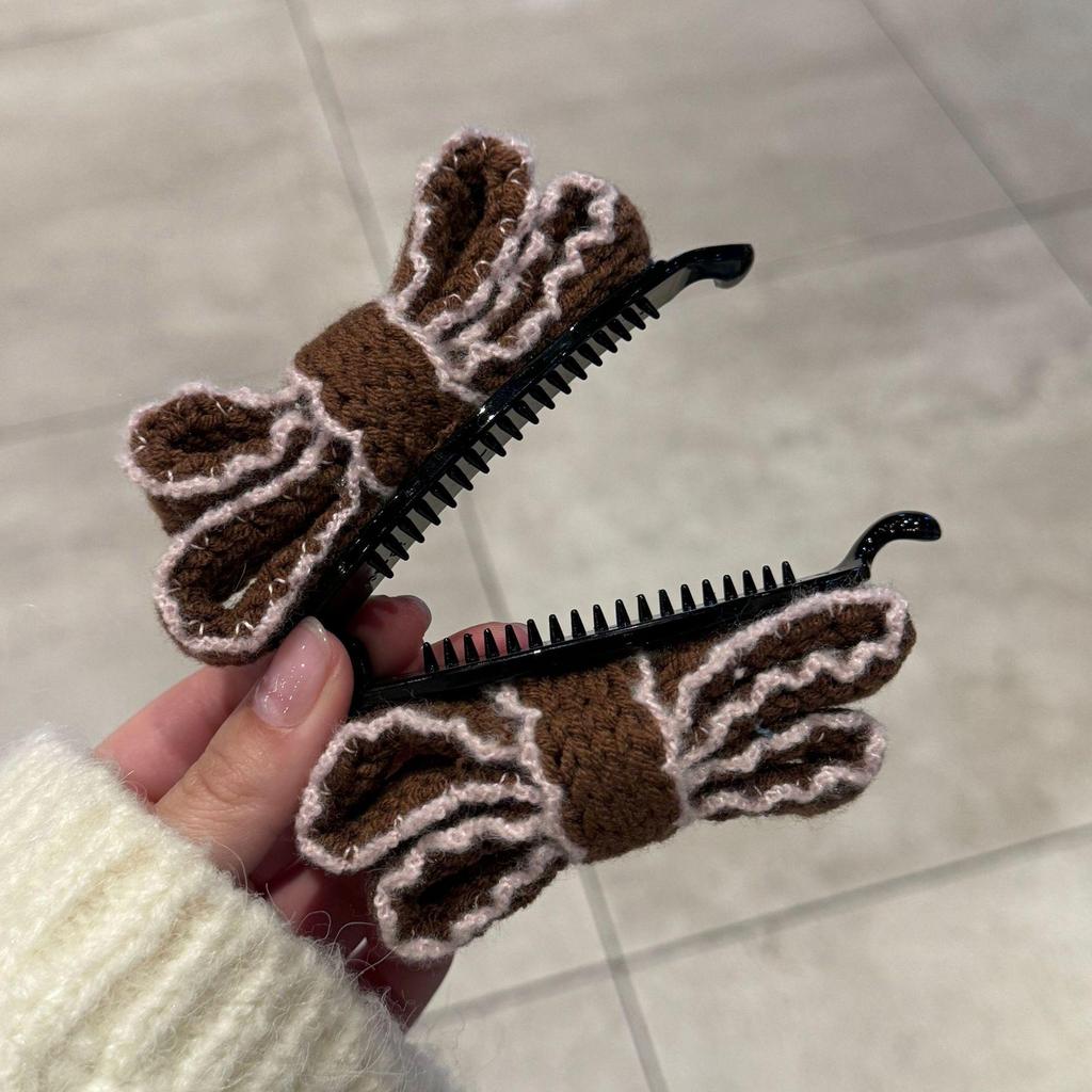 Knitted Lace Double Layer Bow Banana Hair Clip – Women's Autumn/Winter Retro Ponytail and Bun Accessory