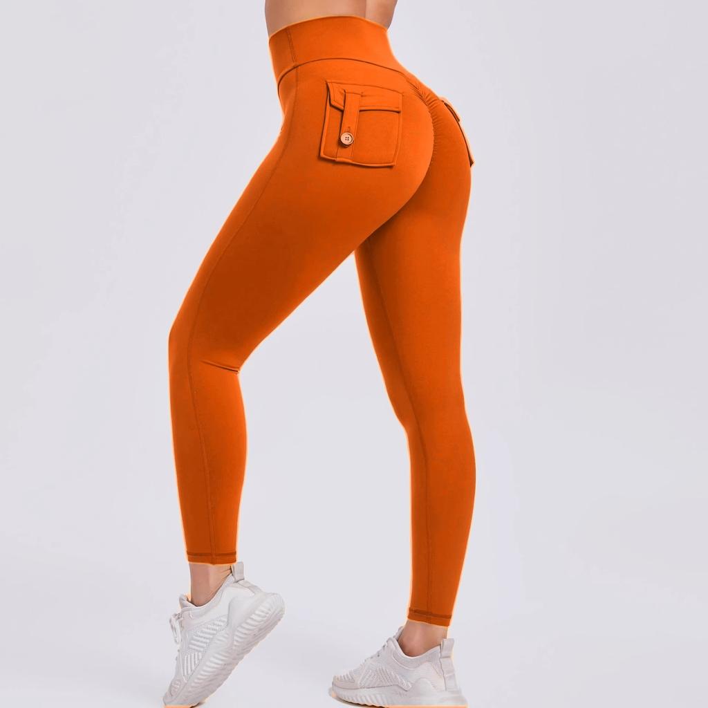 Fitness Leggings With Pocket Sports Yoga Pants Scrunch Buttons Peach Hips Workflow High Waist Running Gym Tights Women