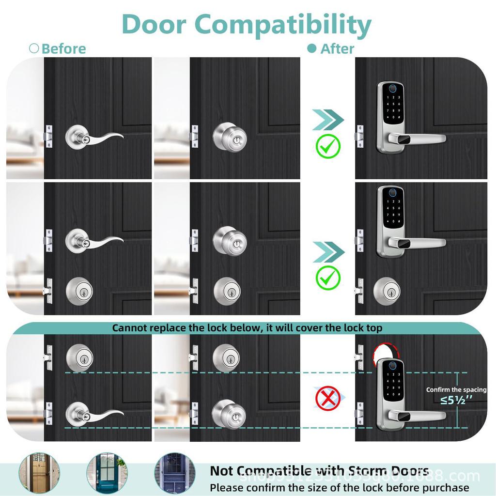 European and American Fingerprint Password Smart Lock with Tuya WiFi - No Drill Installation