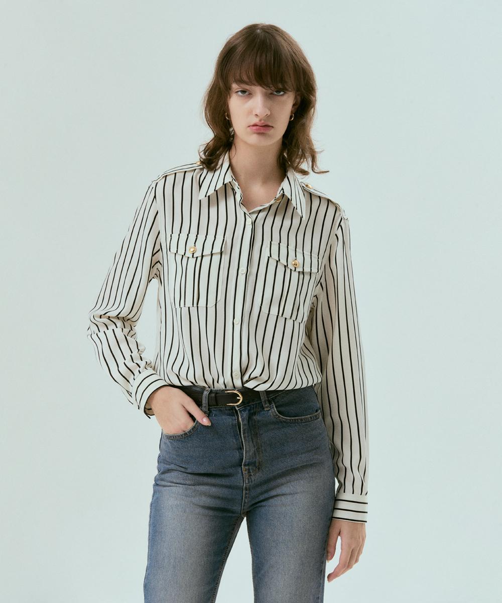 Sillen Epaulet Stripe Silky Shirts (Ivory Stripe) Ivory Stripe/Free