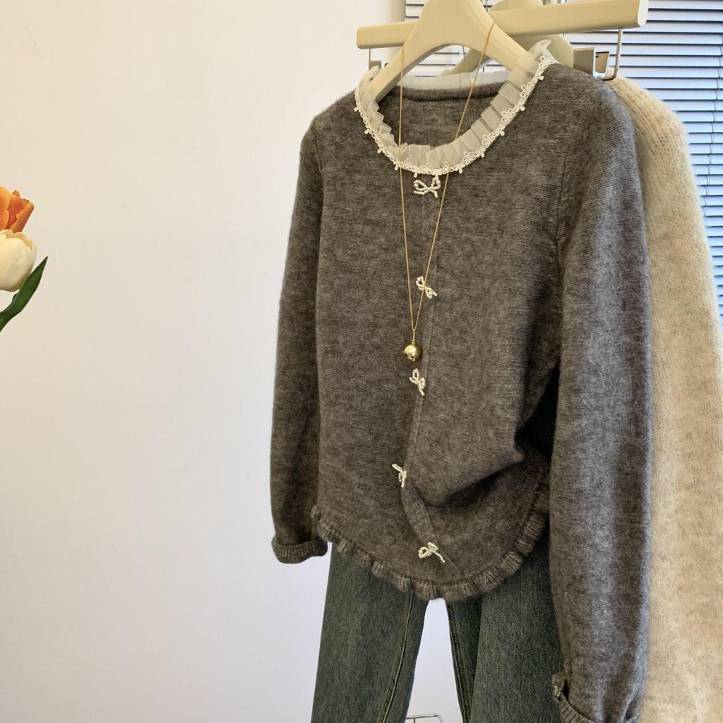 Korean Chic Lace Trim Round Neck Sweater Cardigan with Bow and Ruffle Edges for Women’s Autumn Winter Fashion.